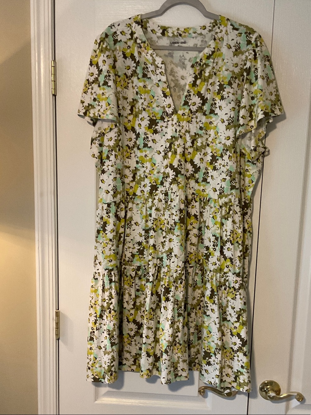 Lands' End White Floral Tiered V-Neck Dress with Green & Yellow Accents